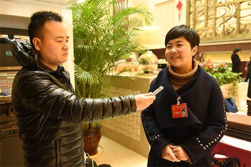 图为淮安市台办主任龚晓琴参加省十二届人大五次会议期间接受记者